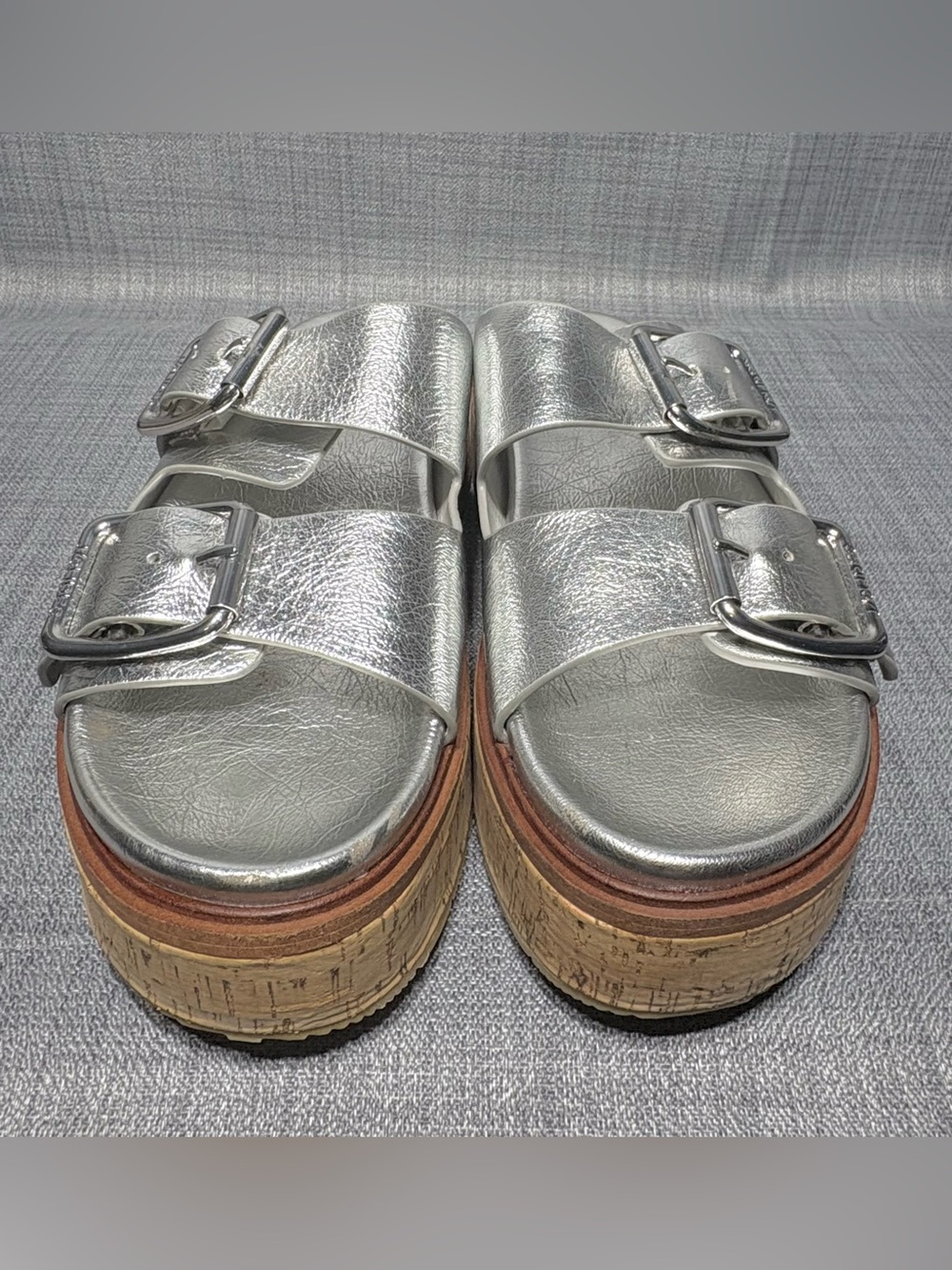 J/Slides Belinda Platform Slide Sandals Silver Metallic Leather Size 7.5 - Picture 3 of 8